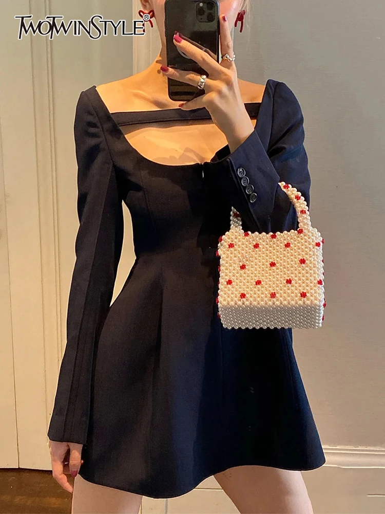 

TWOTWINSTYLE Sexy Solid Dress For Women Slash Neck Long Sleeve Backless High Waist Korean Style Dresses Female 2022 Clothing New