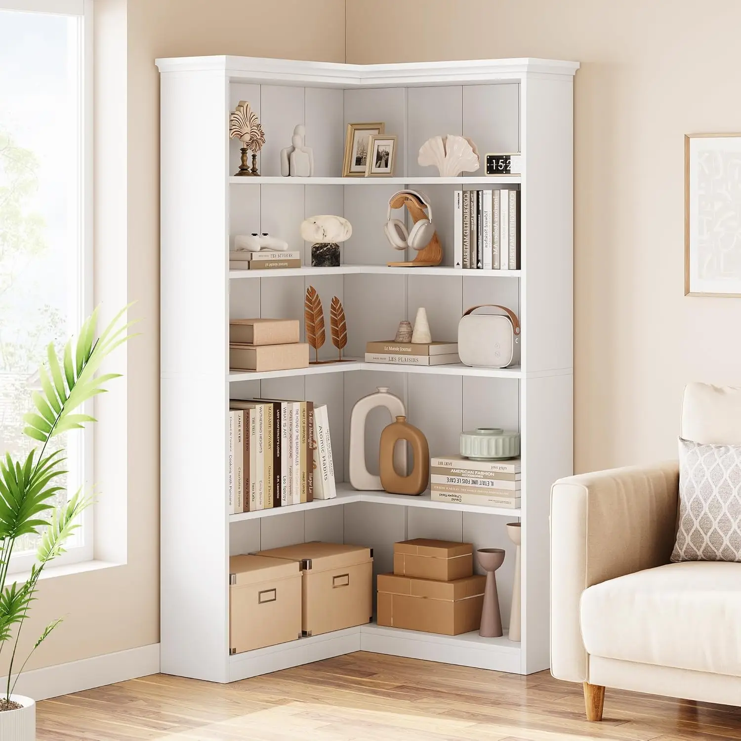 Garvee L-förmiger Eck-Turmregal 185 cm, 5-stufiger Tisch: Freistehender Farmhouse-Stil mit großen offenen Ablageflächen, platzsparender Außenrahmen-Schreibtisch für Wohnzimmer, Schlafzimmer, Büro,