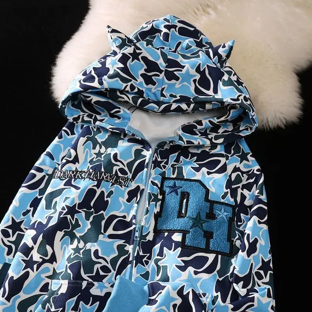 Harajuku Demônio Bordado das mulheres de grandes dimensões Camuflagem Camisola, Zip Up Hoodie, Roupas Góticas, Streetwear, Alta Qualidade, Y2K