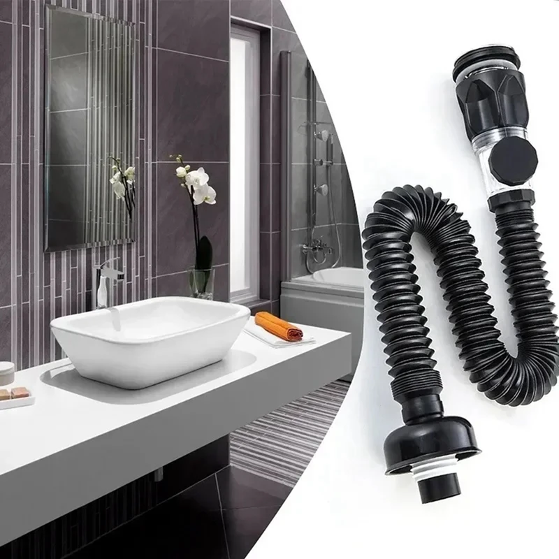 2 Piece Flip-Top Kitchen Sink Drain Black ABS Flexible Downspout Bathroom Sink Anti Clogging