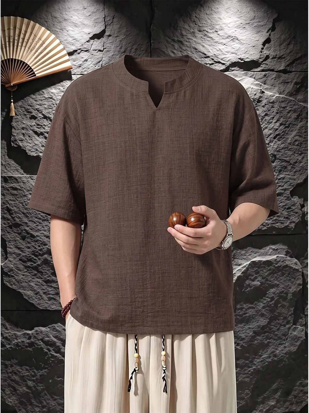 New Chinese Style Men's T-Shirt Linen Simulation V-Neck Short Sleeve Breathable Half Sleeve Regular Fit Casual Summer Top