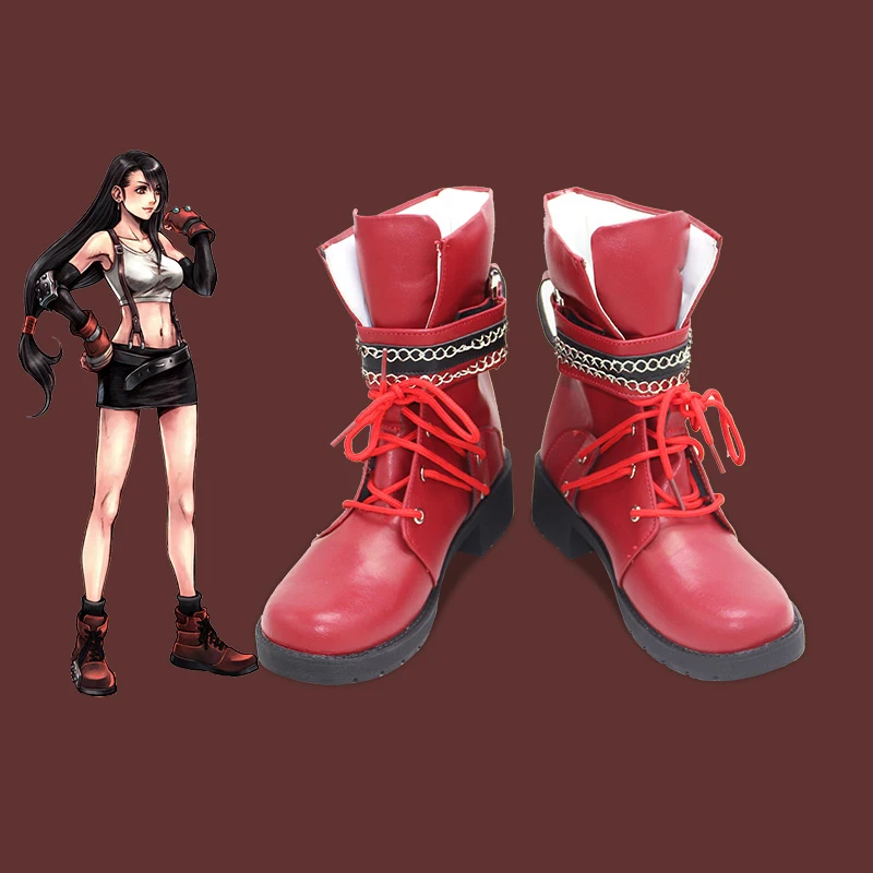 Final Fantasy Tifa Cosplay Shoes Boots FF7 Tifa Lockhart Cosplay Costume Wig Black Straight Side Parting Styled Synthetic Hairs