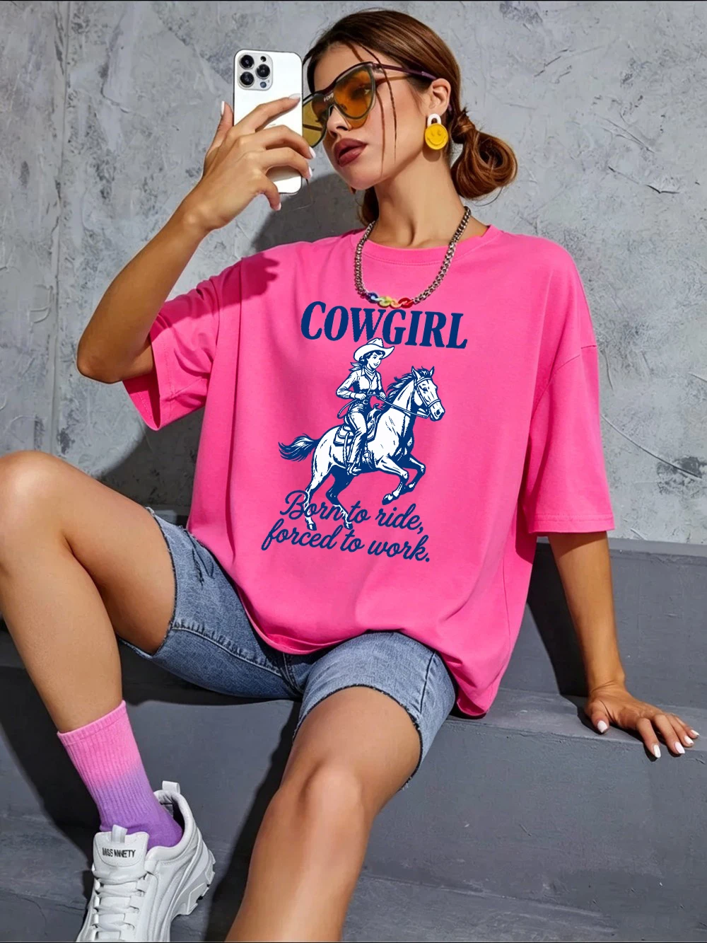 Cowgirl Born To Ride Printed T-Shirts Cotton Womens Summer Oversized Tops Casual Soft Short Sleeve Tees Basic O-Neck Clothes
