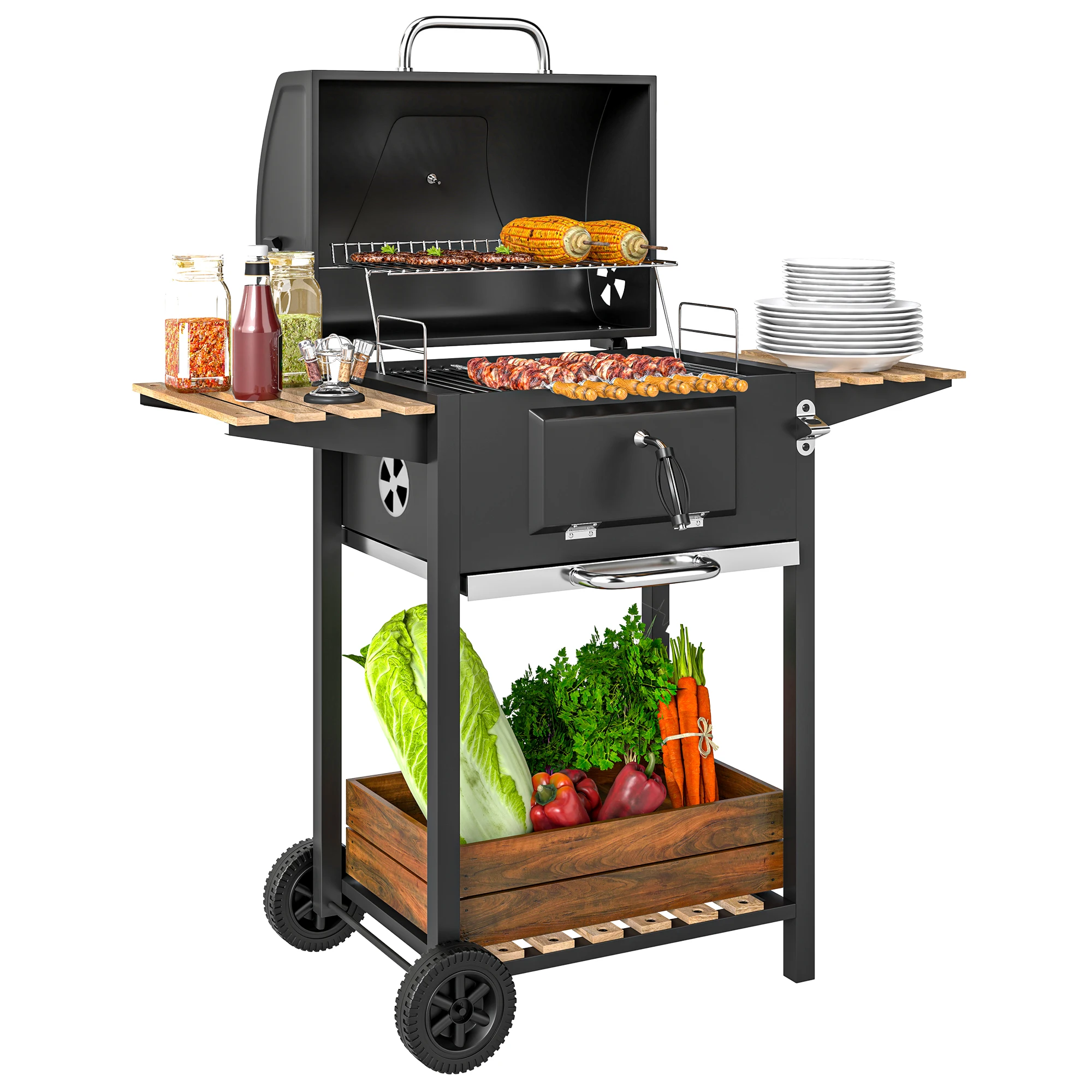 Parrilla de Carbón Ajustable con Tapa, Termómetro, Estantes, Ruedas, Abrebotellas, Negra, Altura 100 cm