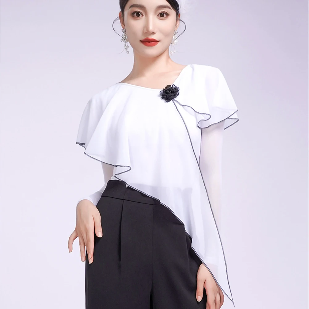 Nuovo stile Top da ballo Manica lunga Nero Prova generale Viola Vestiti per il corpo delle donne Scialle di fiori tridimensionali Bianco di alta qualità