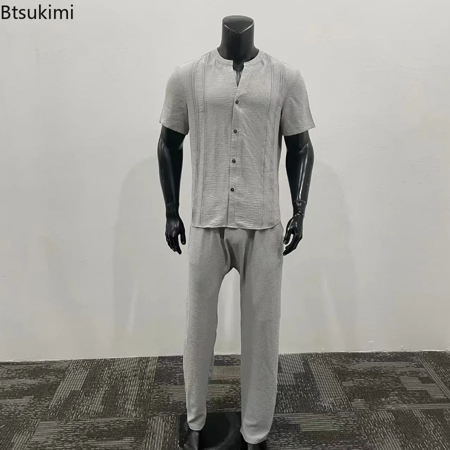 2024 Solid Short-sleeved Casual Suits Men's Summer Loose Sport Two Pieces Fashion Simple Shirt with Pants Tracksuit Outfits Male