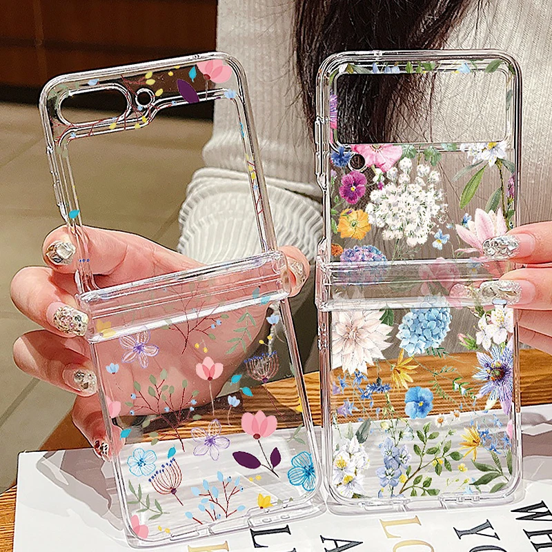 

Colorful Floral Transparent Phone Case For Samsung Galaxy Z Flip 6 5 4 3 5G Folding Hard Cover For Samsung Z Flip6 Flip5 Flip4