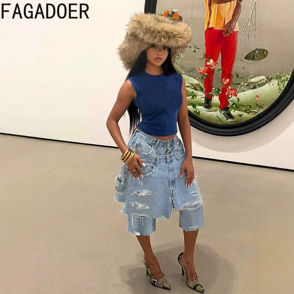 FAGADOER Fashion Holes Brushed Patchwork Denim Pants for Woman Solid Color Straight-leg Pants Female Streetwear Bottoms 2025 New