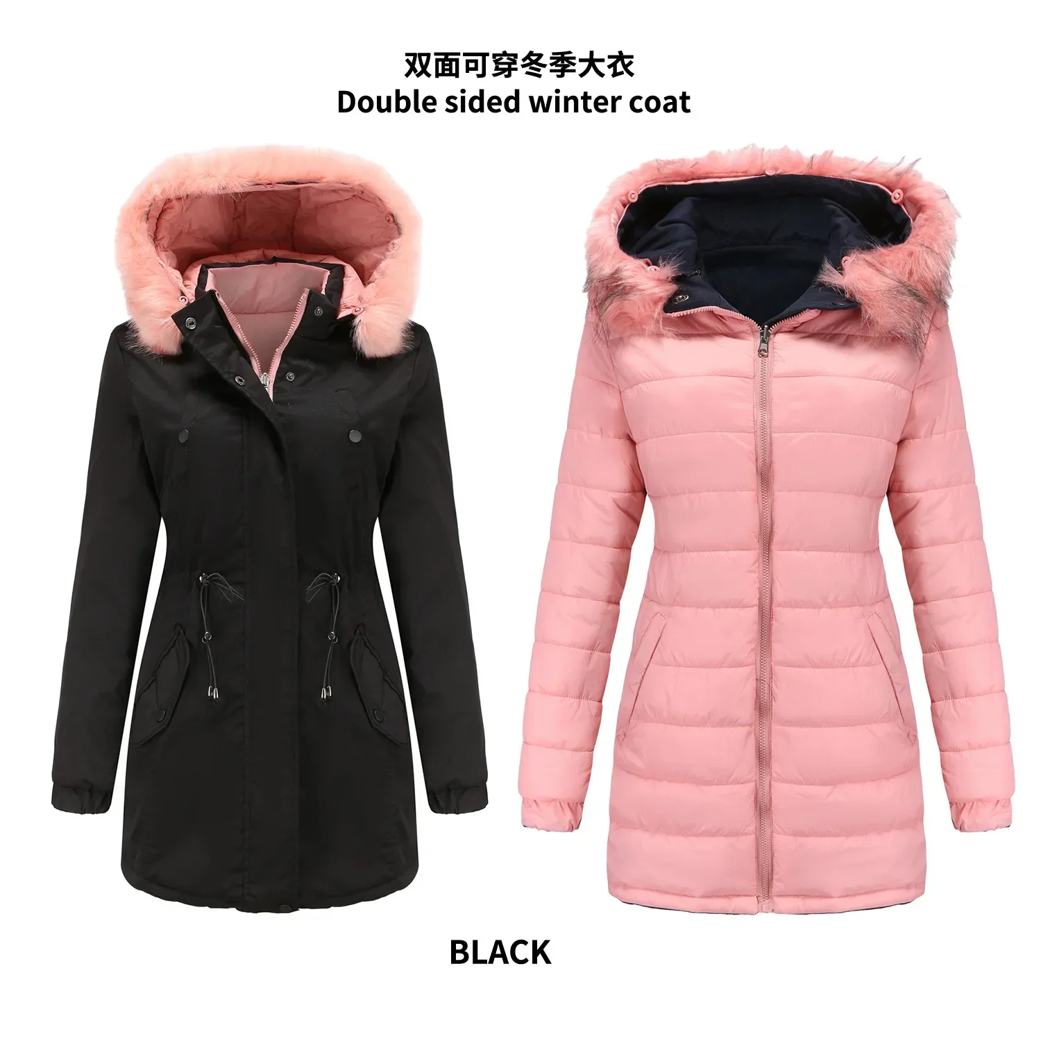 2025 Women's Winter Jacket Female Double Sided Wear Detachable Fur Collar Cotton Jacket Women's Thicken Warm Parka Coats New