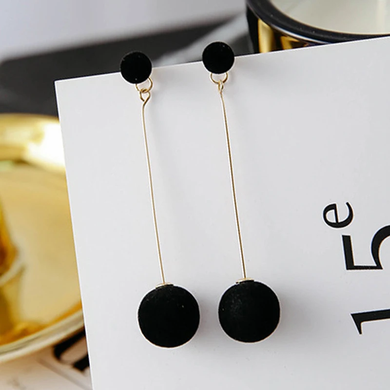 Black Plush Big Small Ball Long Earrings For Women Wedding Party Elegant Drop Dangle Earrings Fashion Statement Jewelry Gift