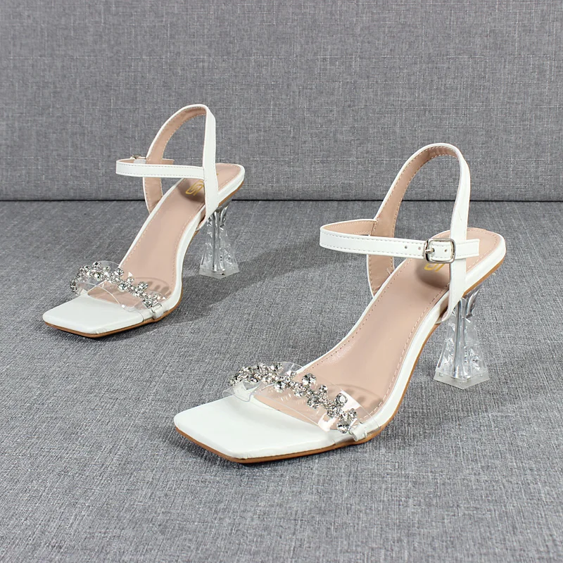 Women\'s Sandals 2024 Summer New White PU Square Toe Crystal Strap Buckle High Heels Acrylic Stiletto Fashion Party Women Shoes