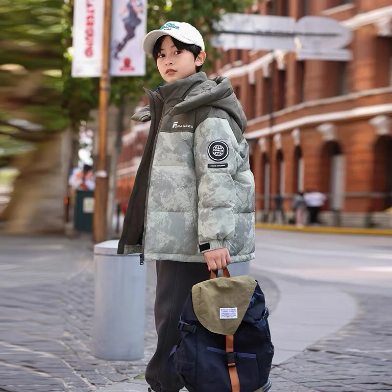 OLEKID 2025 Children Boys Winter Down Jacket Camouflage Printed Hooded Warm Teen Boys Jacket Coat 5-14 Years Kids Padding Parka