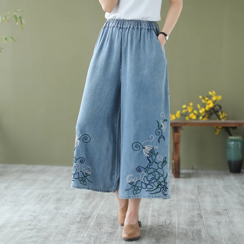 Neue 2025, Sommer-Baumwoll-Denim-Hose, Damen-Jeans mit elastischer Taille, Stickerei, Mori Girl Retro Pendeln, lässige Jeans mit weitem Bein, B56689CC