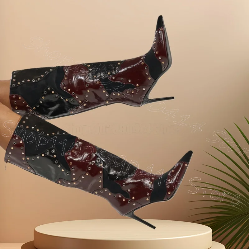 

Burgandy Black Patchwork Rivets Pointed Toe Boots Back Zipper Women Shoes Thin High Heels Party Dating 2026 Zapatos Para Mujere