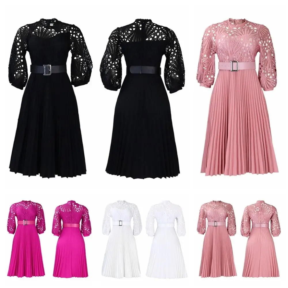 Female Large Size Lace Dresses Lace Hollow Out Lace Puff Sleeve Dresses Bouffant Crochet Lace Pleated Dresses Spring