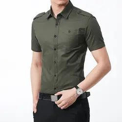 Summer New Workwear Short Sleeved Shirt Men Solid Lapel Collar Button Pocket Patchwork Epaulet Pure Cotton Casual Thin Top 2024