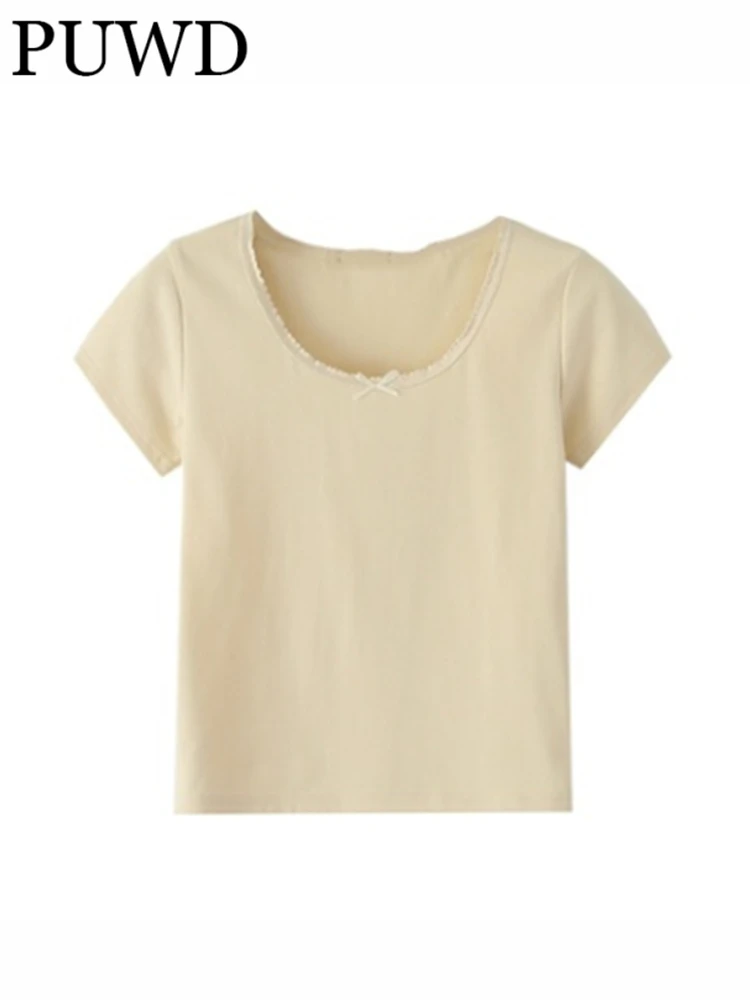 PUWD Casual Women Beige Bow Retro O Neck Slim Tees 2022 Summer Fashion Ladies Short Sleeves Female Knitted Top