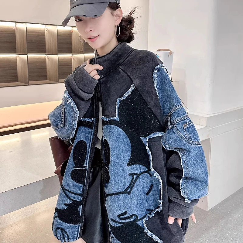 

Women's European Style Fleece Lined Thickened Denim Jacket Patchwork Embroidered Cartoon Top Lazy Hip Hop Sweatshirt Outerwear