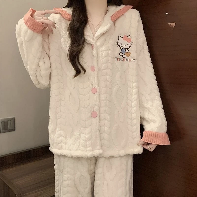 

Fashionable Sweet and Cute HelloKitty Thickened Coral Velvet Pajamas for Girls Winter Lace Collar Cardigan Warm Home Clothes Set