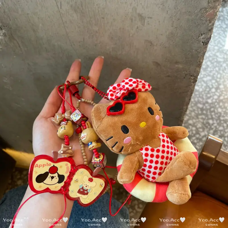 Hellokitty pluche telefoonketting Kawaii zwart leer roze Polka Dot Kt pop hanger auto hanger student rugzak sleutelhanger cadeau