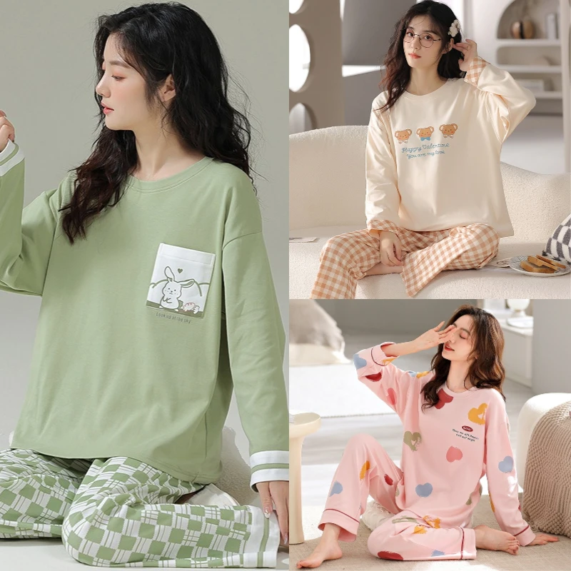 Cotton High Quality Large Size Women Four Seasons Pajamas Girl O-Neck Long-Sleeved Sweet Cute Cartoon School Homewear 2PCS/Set