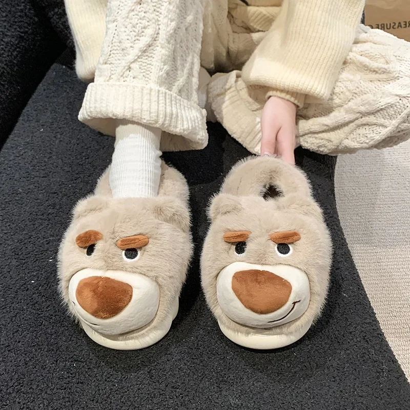 

Men's Faux Fur Slippers Winter Warm Shoes Cute Cartoon Bear Soft Plush Couples Indoor Home Floor Slippers Women Cotton Footwear