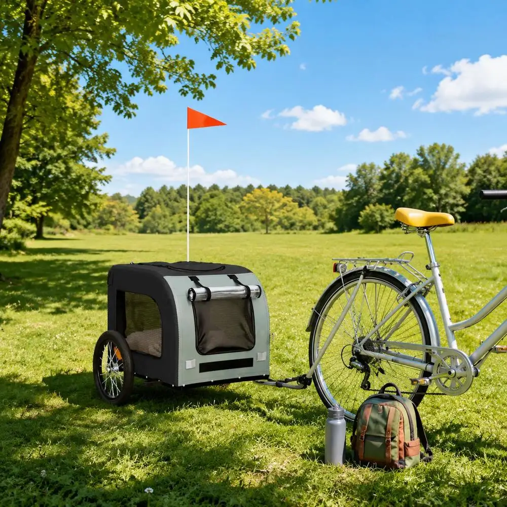Haustier-Fahrradanhänger 60 x 40 cm Eisenrahmen Oxford-Gewebe Hundetransportbox mit Rädern für Fahrradtouren Camping Outdoor-Reisen
