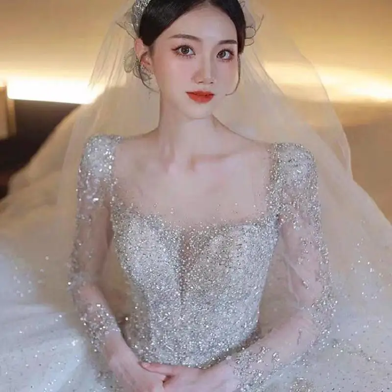 

Винтажное свадебное платье с длинными рукавами, с богатой вышивкой, из высококачественной сетчатой ткани, с шлейфом в пол для невест