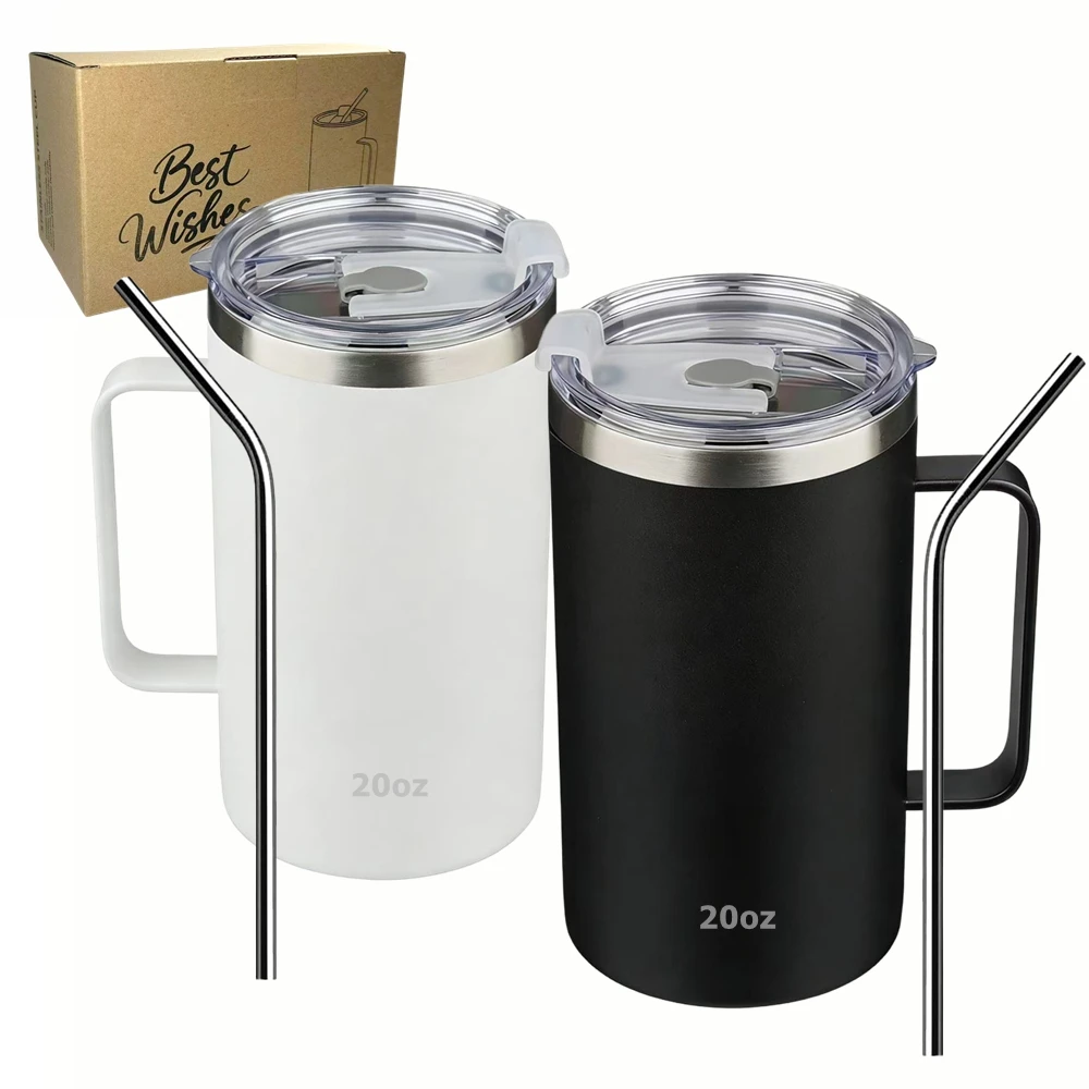 Isolierte Kaffeetasse mit Deckel, 600 ml, Edelstahlbecher mit Griff, doppelwandige Vakuum-Kaffeetassen, Reisebecher, Schwarz, Weiß