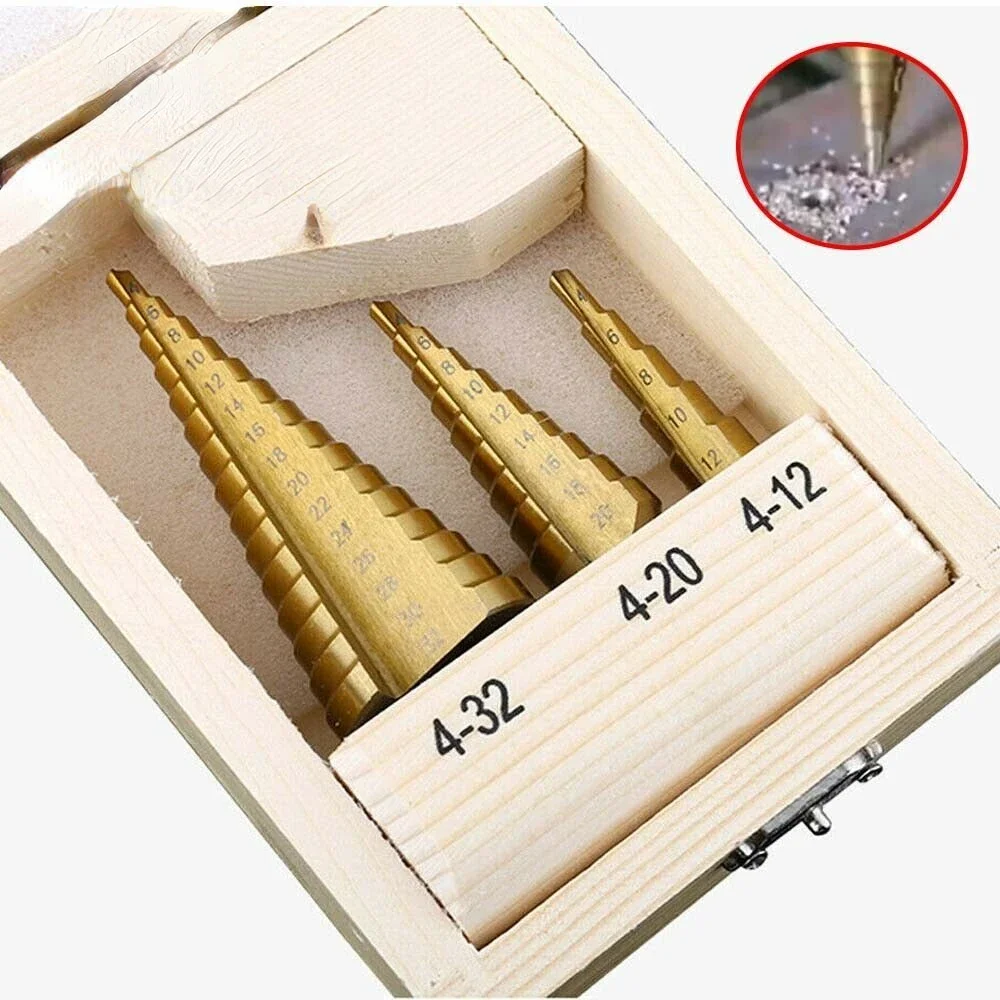 

3Pcs HSS 4241 Cone Titanium Coated Step Drill Bit Set 4-32mm 4-20mm 4-12mm Hole Cutter Carpenter Tools W/Case