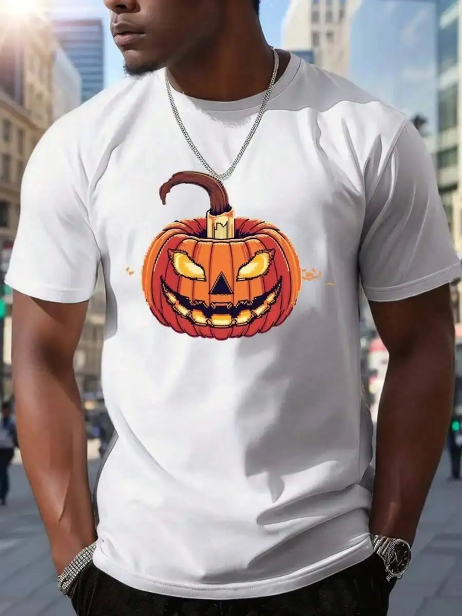Real Man~Men's Pumpkin Graphic T-Shirt White Tee With Orange Jack-O'-Lantern Print Lightweight Summer Shirt For Parties, 100%