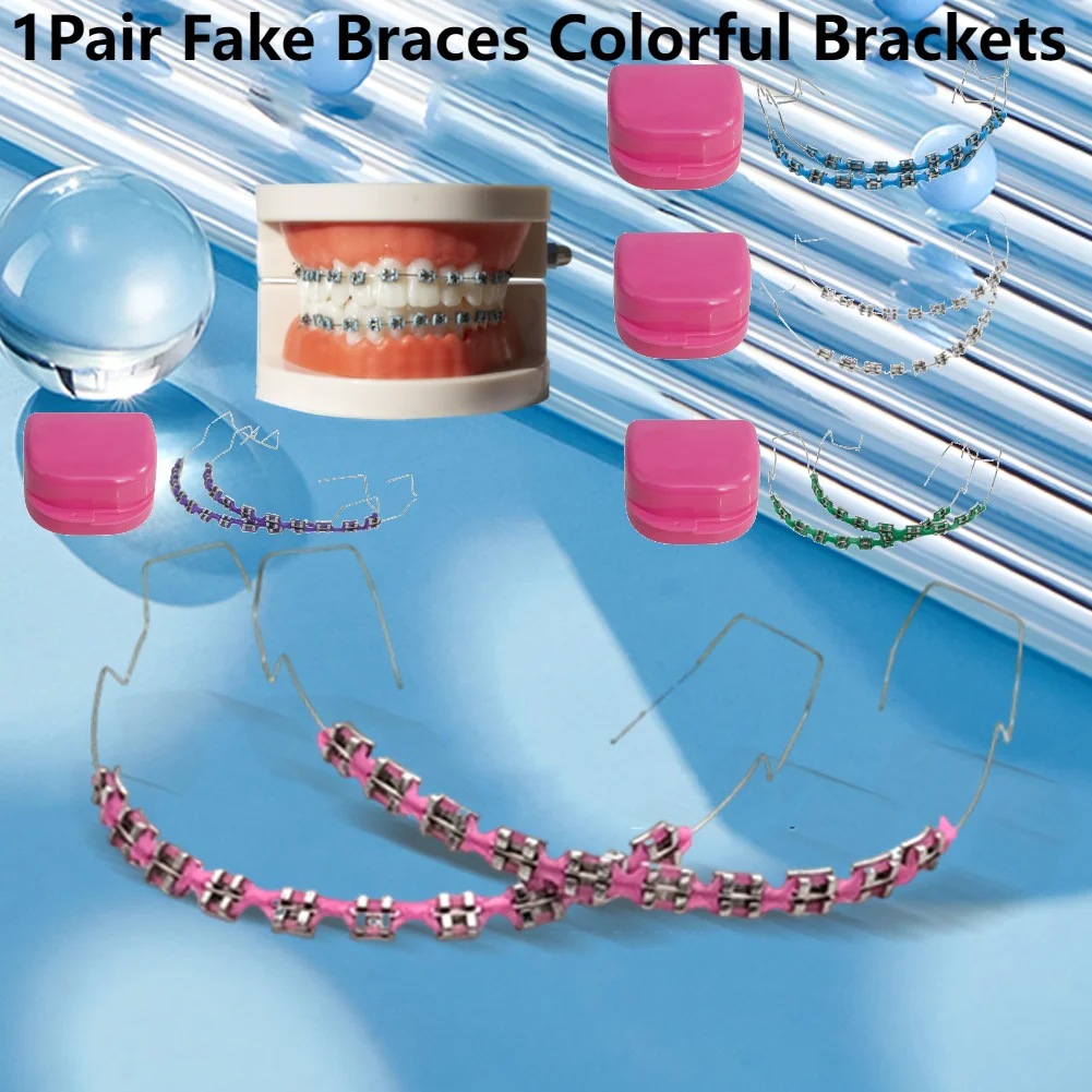 

1 pair colorful temporary tooth decorations with metal wires. Fake braces, orthodontic ligature ties, trendy dental deco