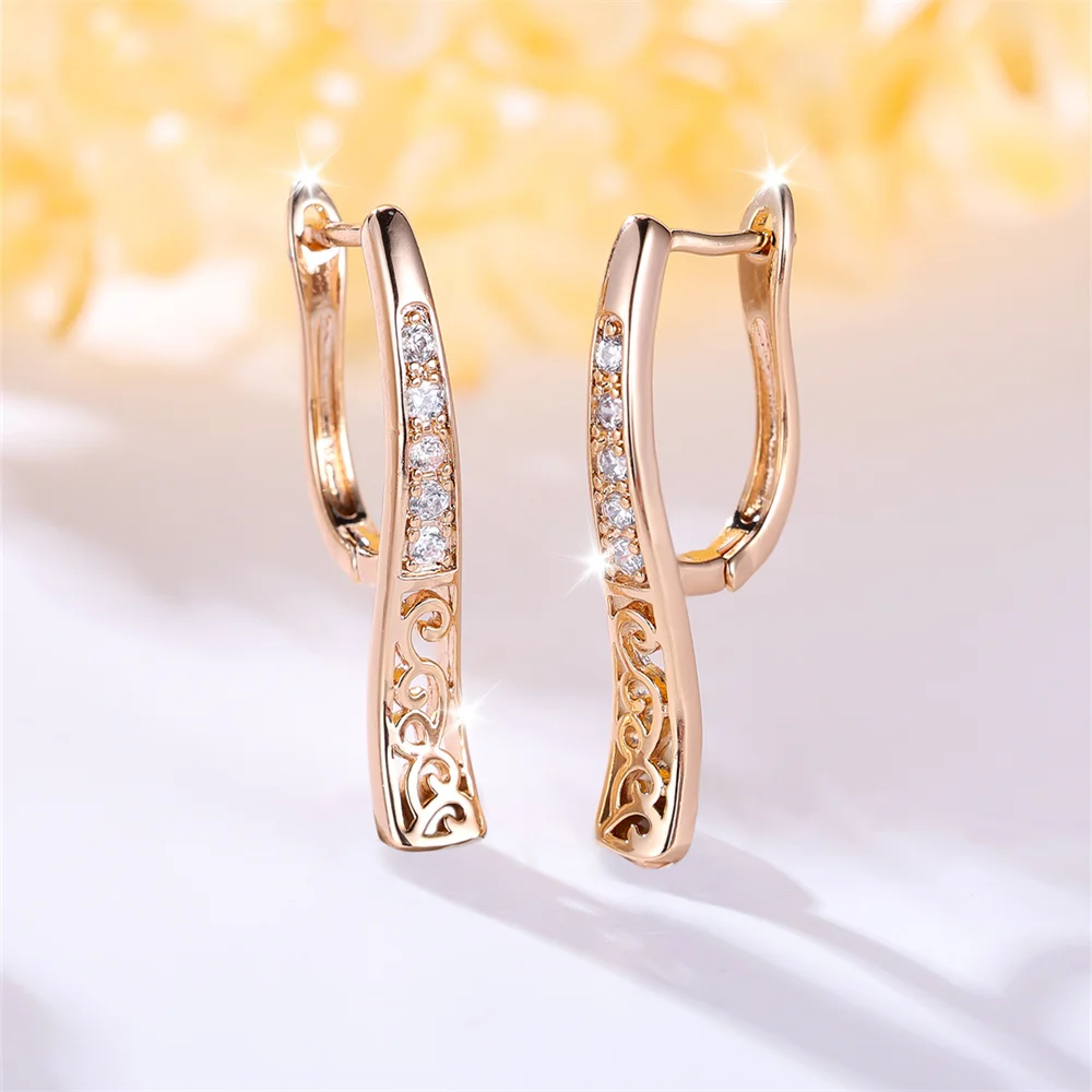 White Zircon Geometric Hollow Tassel Hoop Earrings For Women Vintage Gold Color Ear Buckle Wedding Jewelry Engagement Party Gift
