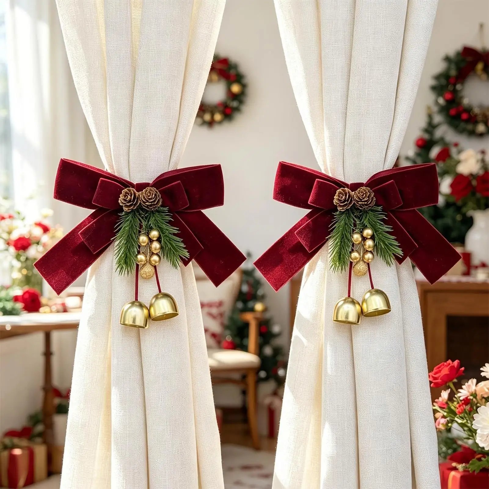 Christmas Curtains Tiebacks Soft Red Bow Tie Christmas Bell Decorative Holiday Bow Curtains Holdback for Lounge Bedroom Patio