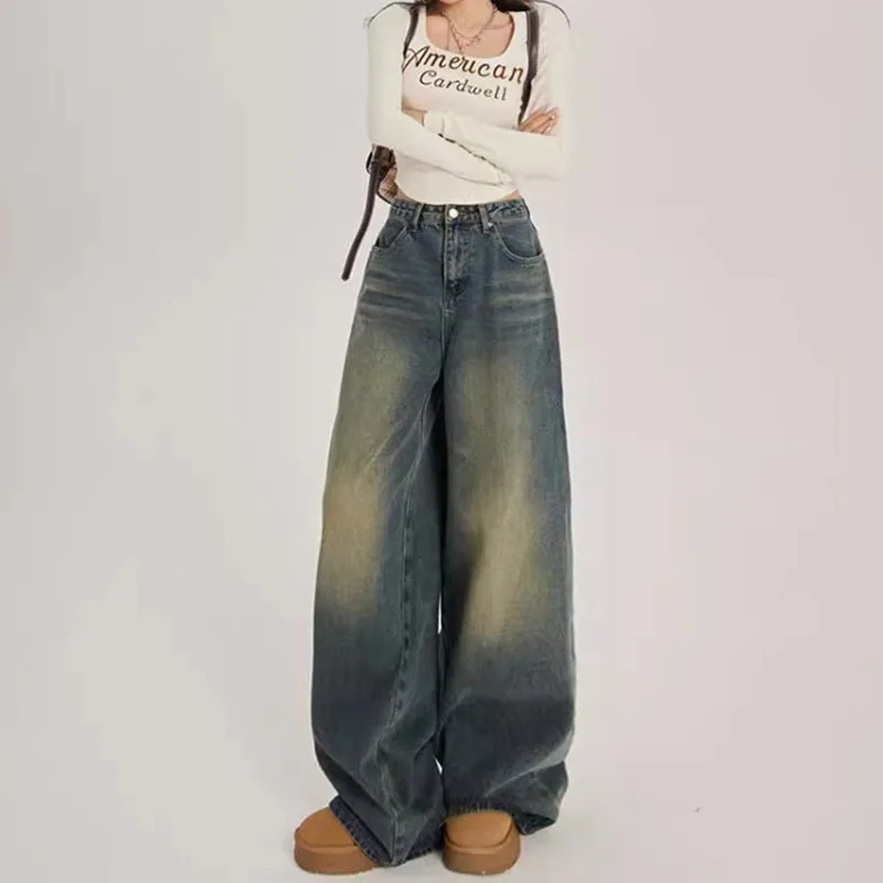 

Retro Wide Leg Jeans For Women High Waist Loose Slimming Draped Straight Floor Length Denim Pants