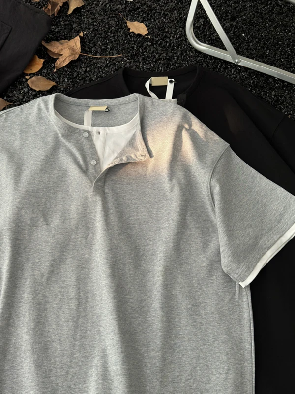 

Summer Casual Sle Men's T-irt ort Sve V-Ne f Sve Fake Two-Piece Top Youth Faion Henry Collar American Leisure