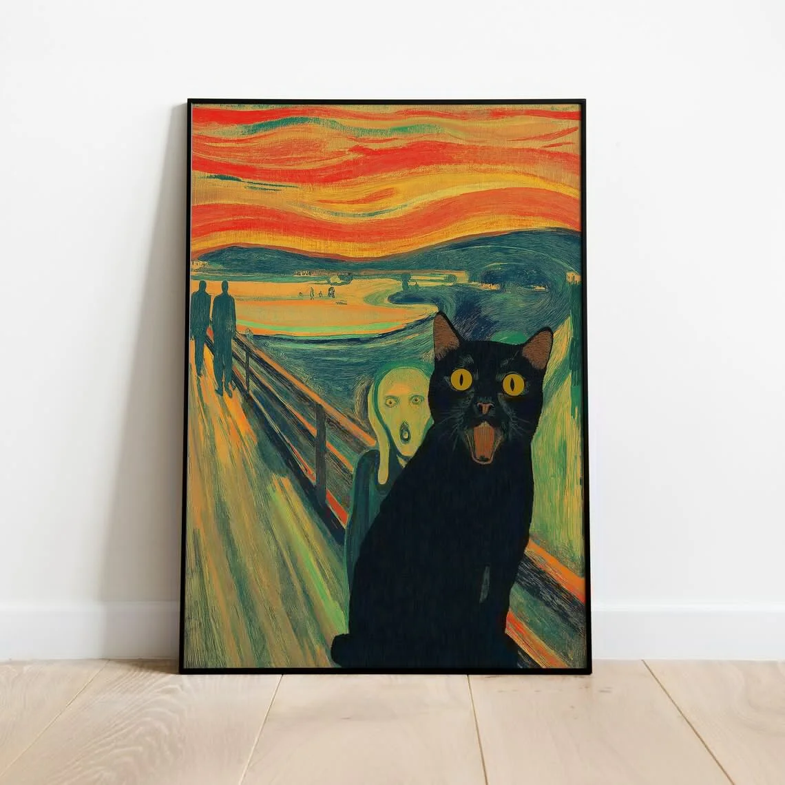 Edvard Munch Style Cat Wall Print Decor - Humorous Parody Illustration of a Black Cat Photobombing Edvard Munch's 