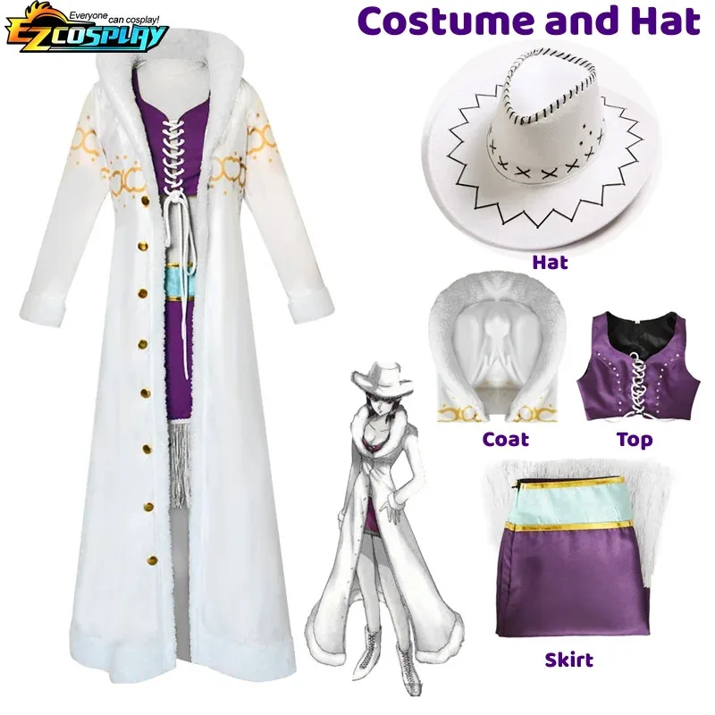 Nico Robin Costume Cosplay Anime 1 pezzo Abito viola Uniforme Collo lungo in pelliccia Mantello bianco Vestito punk Halloween per adulti