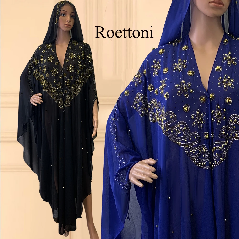 Muslim Kaftan Abaya Dress Women Dubai Open Outfit Turkish Stones Chiffon Hooded Dress Elegant African Loose Boubou Beads Luxury