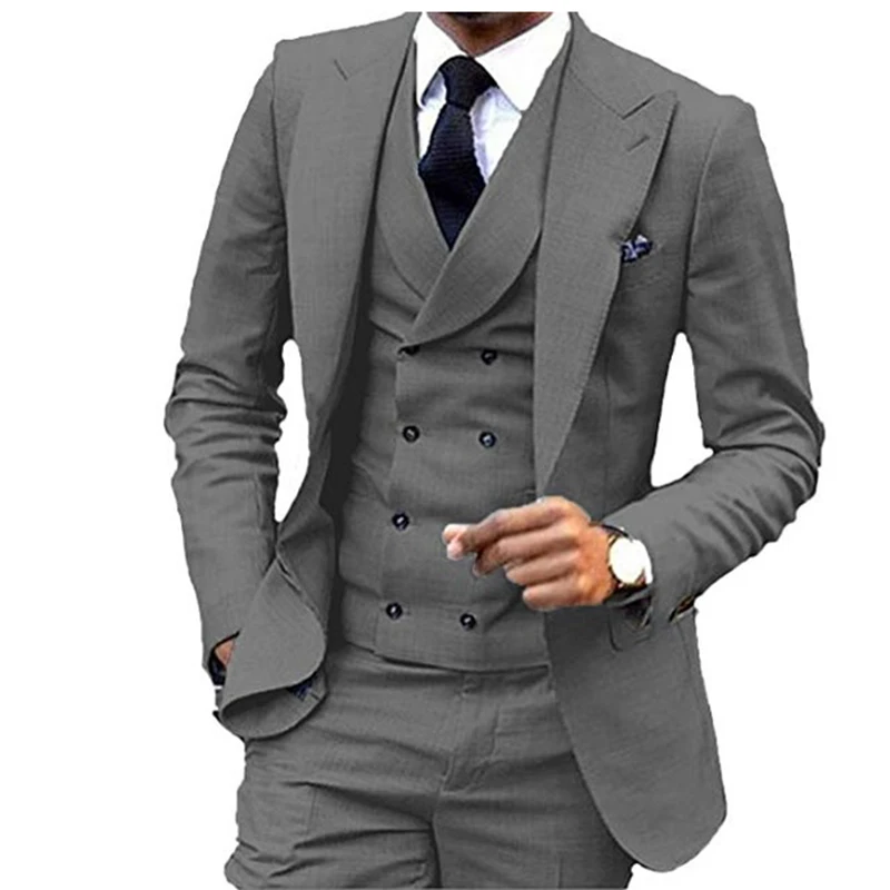 New Costume Homme Grey  Peak Lapel Double Breast Vest Men Suit Slim Fit  Business Formal Groom Wear 3 Pieces Terno Blazer