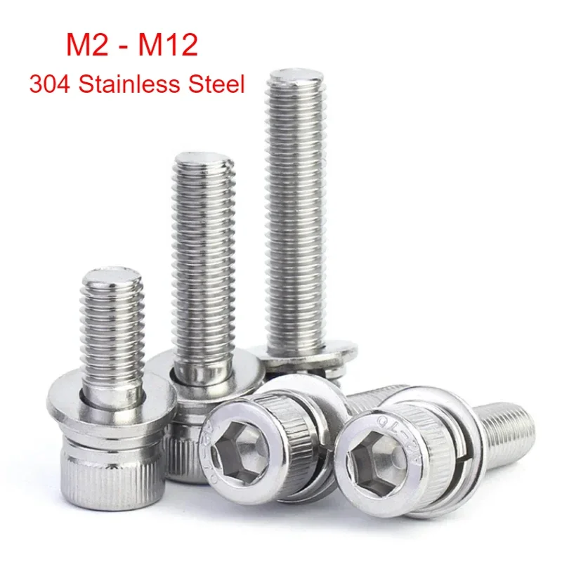 304 Stainless Steel Triple Combination Screws Hexagon Socket Cheese Head Bolts M2 M2.5 M3 M4 M5 M6 M8 M10 M12