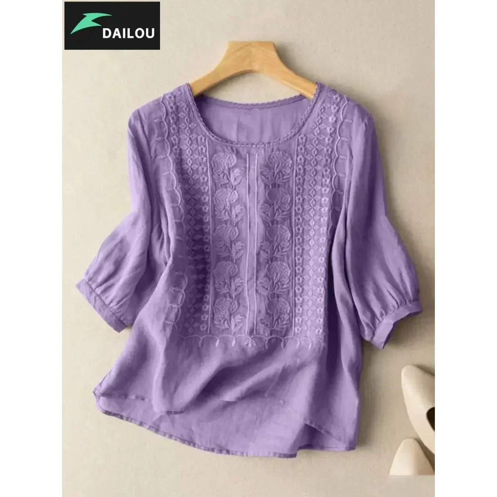 DAILOU Floral Embroidery Shirts Summer Lace Crochet Blouse Women 3/4 O Neck Sleeve Tops Femme Tunic Causal Cotton