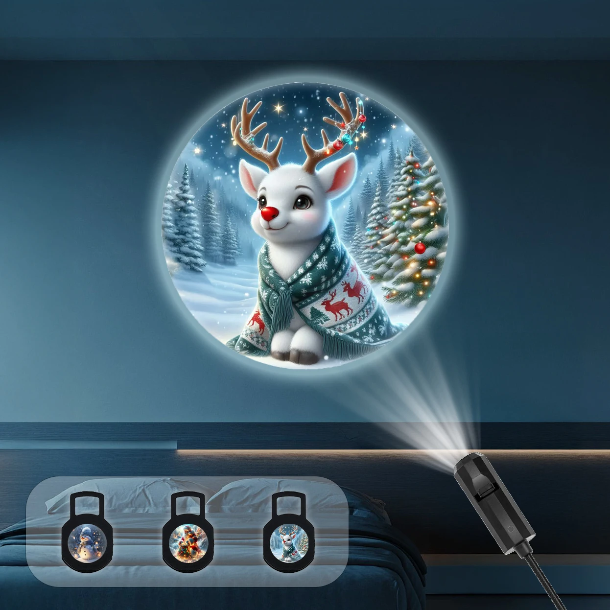 Luz de proyección navideña USB, ciervo navideño, anciano, muñeco de nieve, reemplazo de tres luces, luz de ambiente romántica para dormitorio