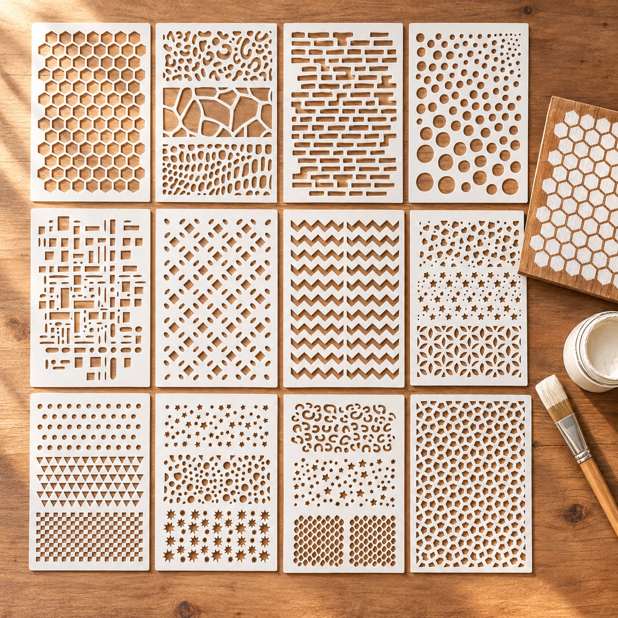 12PCS A4 Texture Stencils for Painting 8.3 x 11.7 Inch Geometric Background Stencil Set Honeycomb Brick Dot Grid Patterns for DI