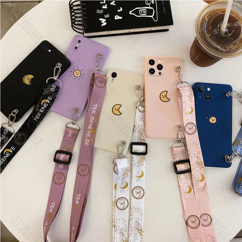 15Pro 14Pro 13Pro Sun Moon Crossbody Lanyard Phone Case On For iPhone 15 14 13 12 11 Plus Pro Max Mini Strap Cover 15Plus 14Plus