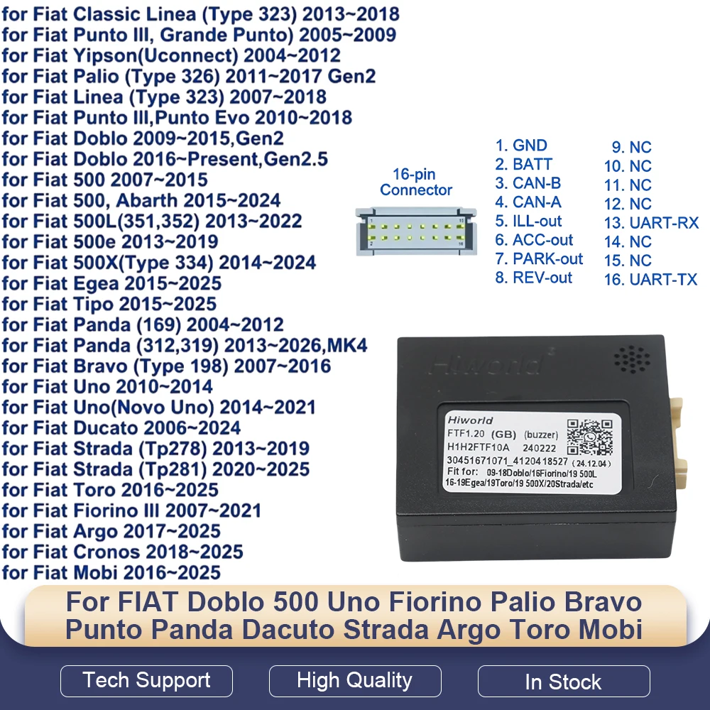 Adaptador CAN Bus para Rádio de Carro, Decodificador Canbus para FIAT Doblo, 500, Uno, Fiorino, Palio, Bravo, Punto, Panda, Dacuto, Strada, Argo, Toro, Mobi