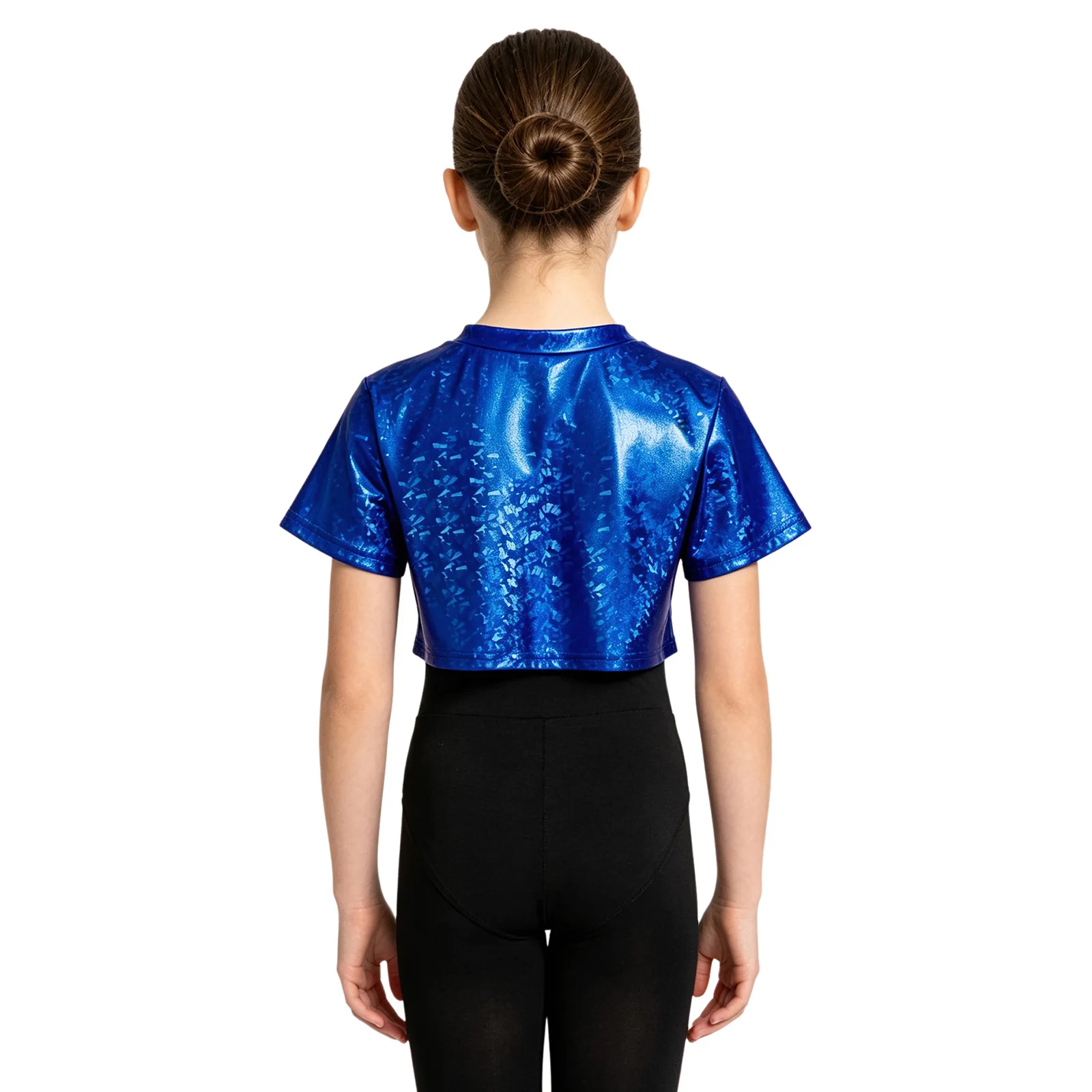 Kids Girls Metallic Crop Top Jazz Hip Hop Street Dance Performance Costume Round Neck Short Sleeves Shiny T-shirt Tops Dancewear