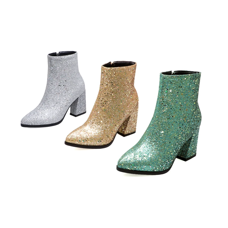 Sequin Bling Short Booties Womens Round Toe High Heels Glitter Silver Gold Green Ankle Boots Party Shoes Female Autumn New 33-43