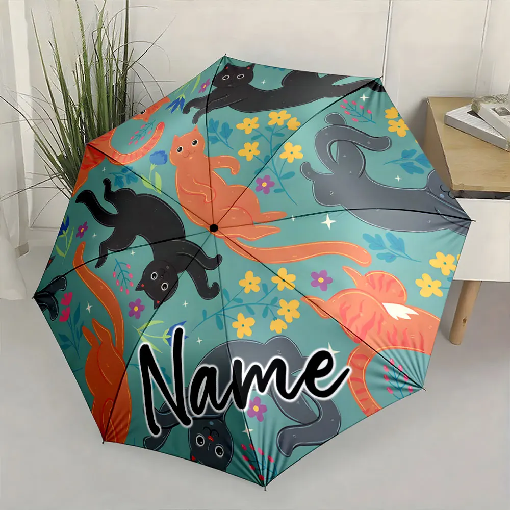Custom Name Umbrella Colorful Cats and Flowers Umbrella Design Print 8 Iron Ribs Folding Umbrella Auto-Open Fashion Sunshade
