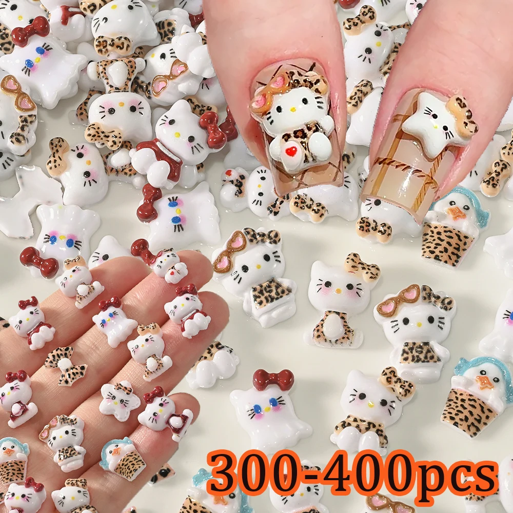 

300-400pcs/Bag Kawaii Leopard Kitty Nail Charms 3D Mixed Maillard Leopard Print KT Cat Bow Nail Decor DIY Autumn Nail Accessorie